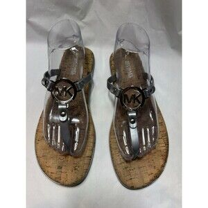 Michael Kors MK Charm Jelly Thong Sandals Silver PVC Strap w/ Cork Footbed Sz 10
